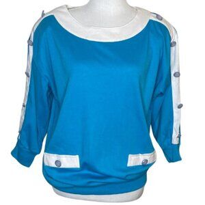 Adolfo Sport Women's Vintage Pullover Button Blouse Size Small Blue White Mature
